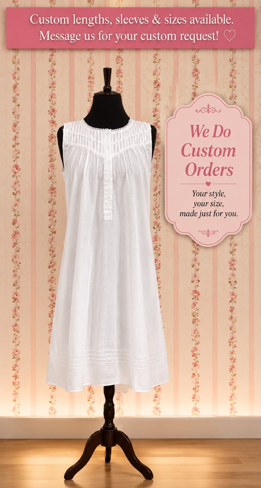 SoieRose Victorian White 100% Cotton Sleeveless Nightgown - SR-1086