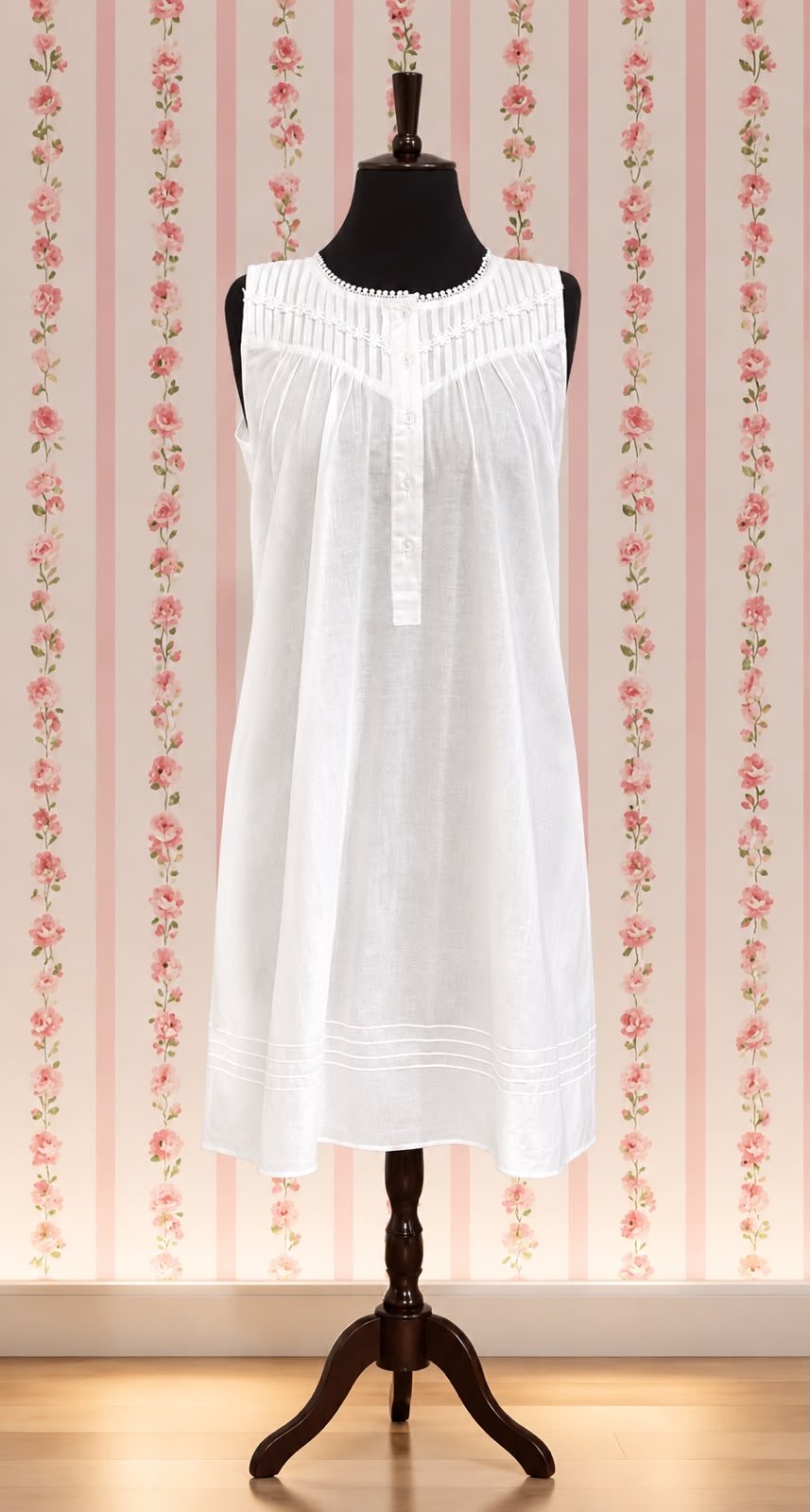 SoieRose Victorian White 100% Cotton Sleeveless Nightgown - SR-1086