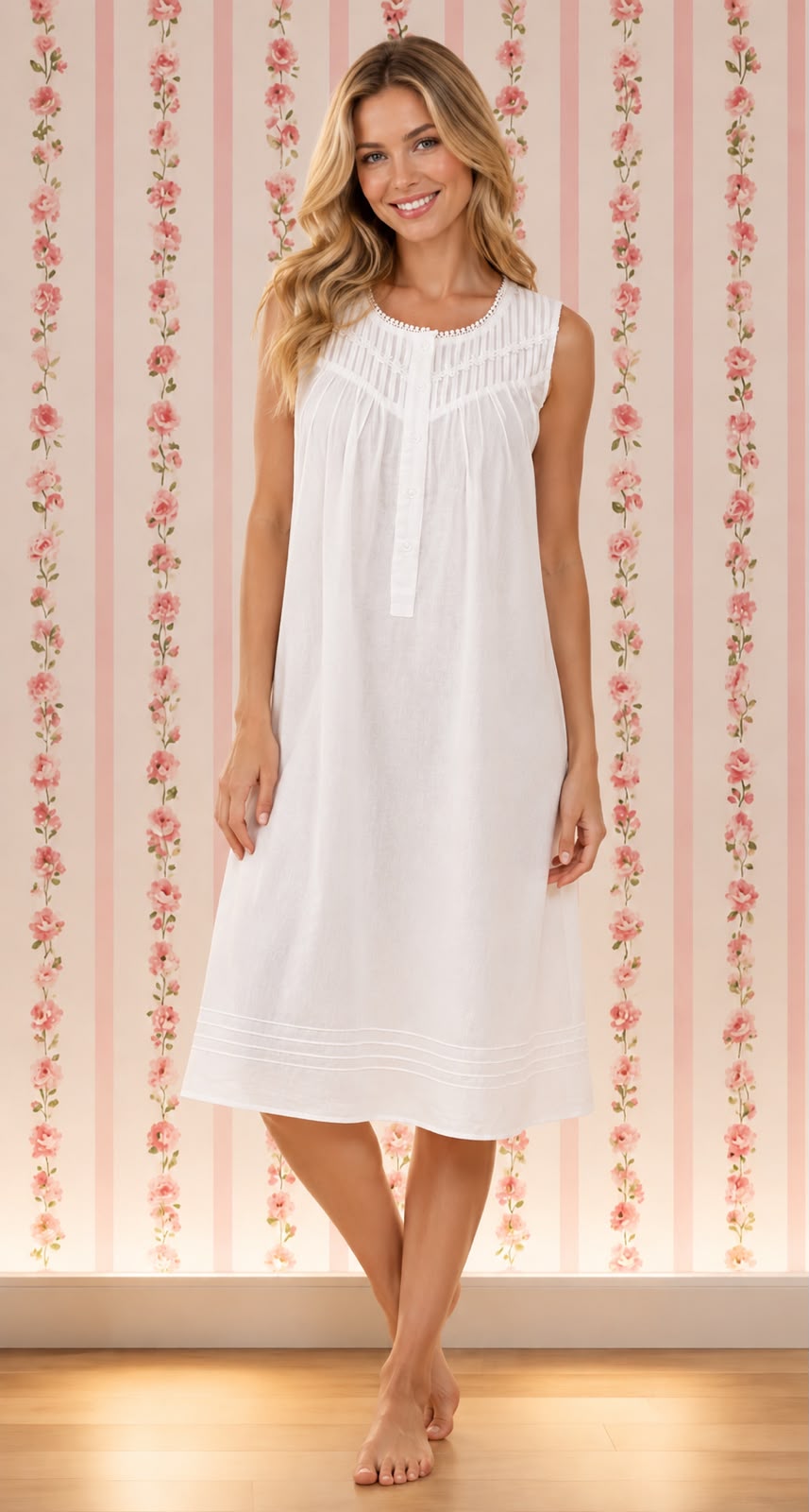 SoieRose Victorian White 100% Cotton Sleeveless Nightgown - SR-1086
