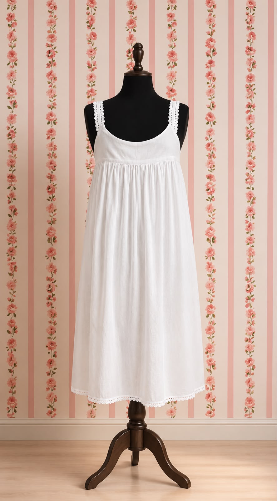 SoieRose 100% White Cotton Sleeveless Nightgown with Straps - SR-1097