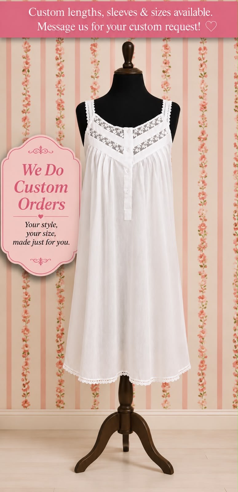 SoieRose 100% White Cotton Sleeveless Nightgown with Straps - SR-1097