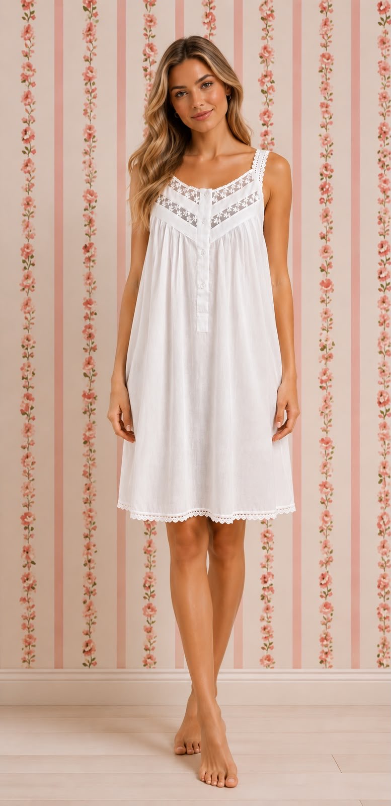 SoieRose 100% White Cotton Sleeveless Nightgown with Straps - SR-1097