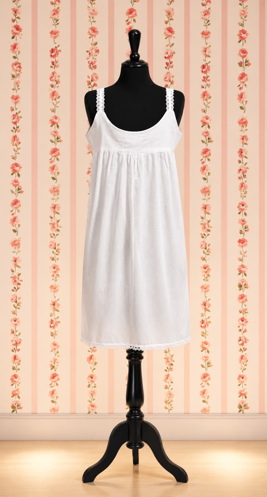 SoieRose SR1107 Women's Cotton Victorian Nightgown – White, Sleek Fit with Lacey Straps