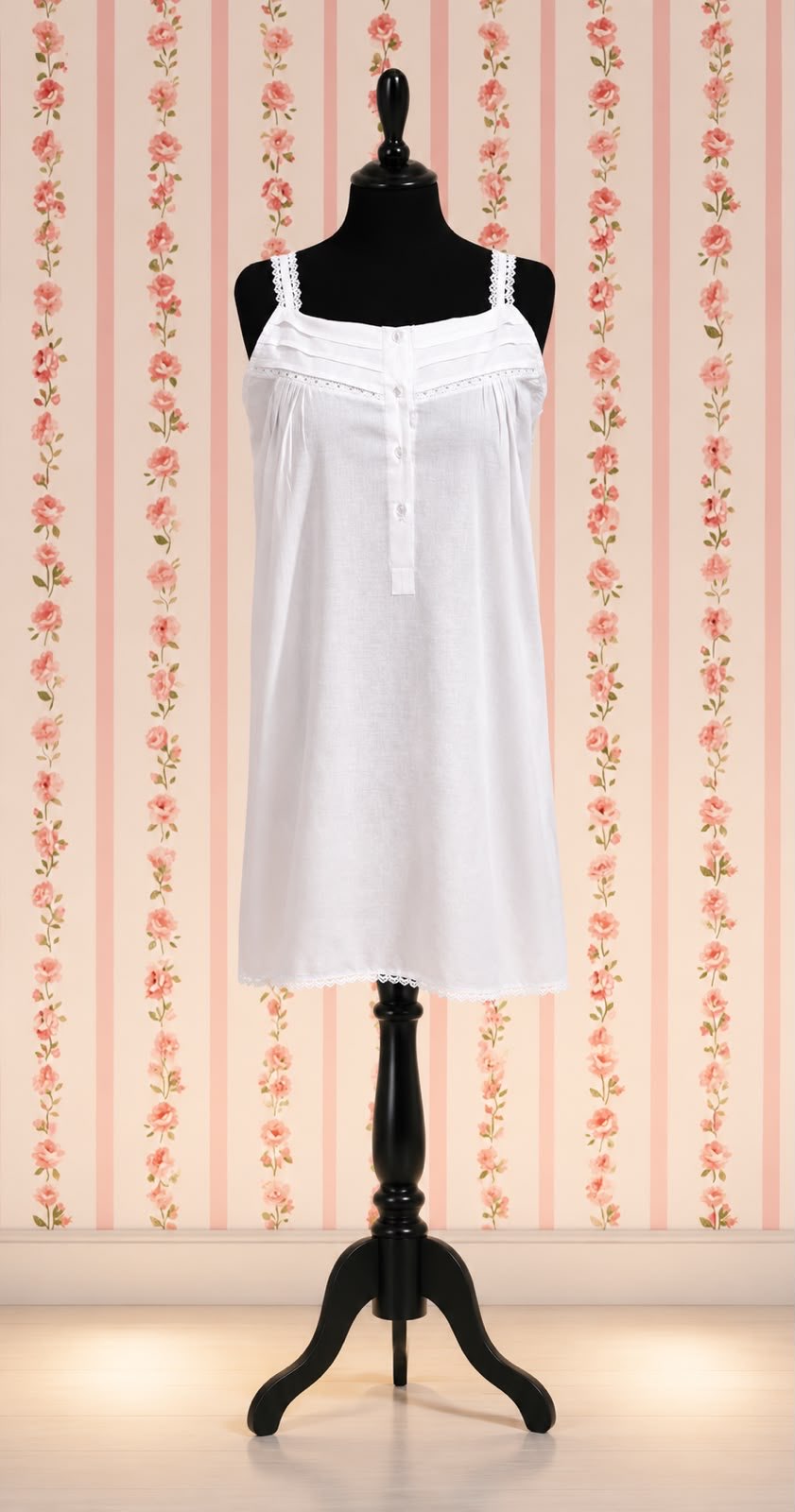 SoieRose SR1107 Women's Cotton Victorian Nightgown – White, Sleek Fit with Lacey Straps