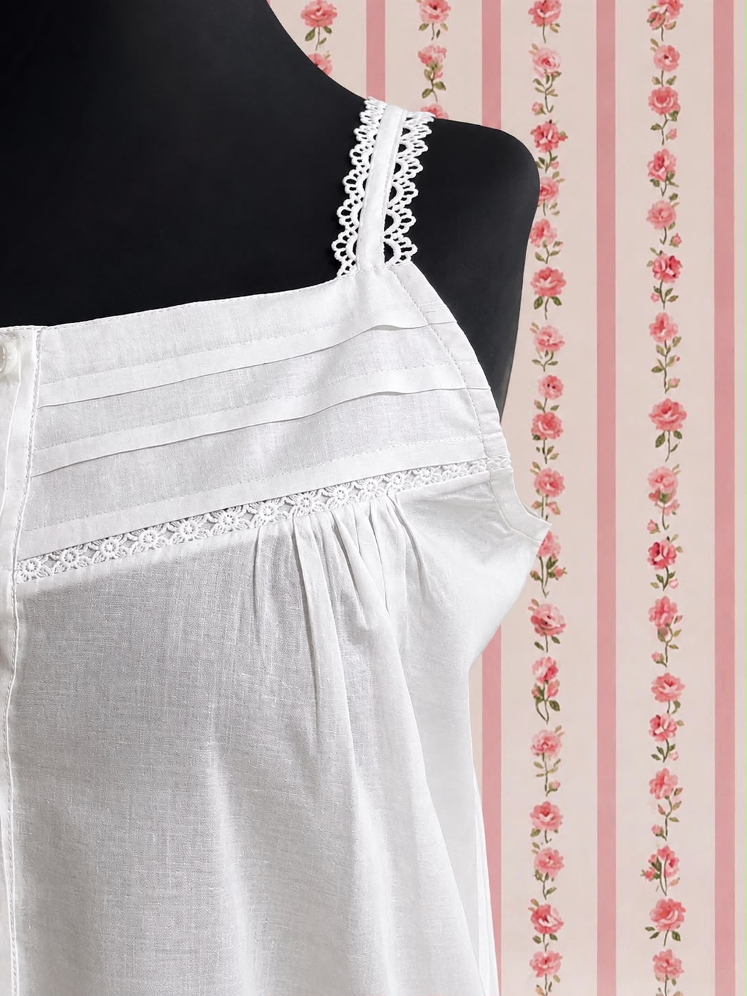 SoieRose SR1107 Women's Cotton Victorian Nightgown – White, Sleek Fit with Lacey Straps
