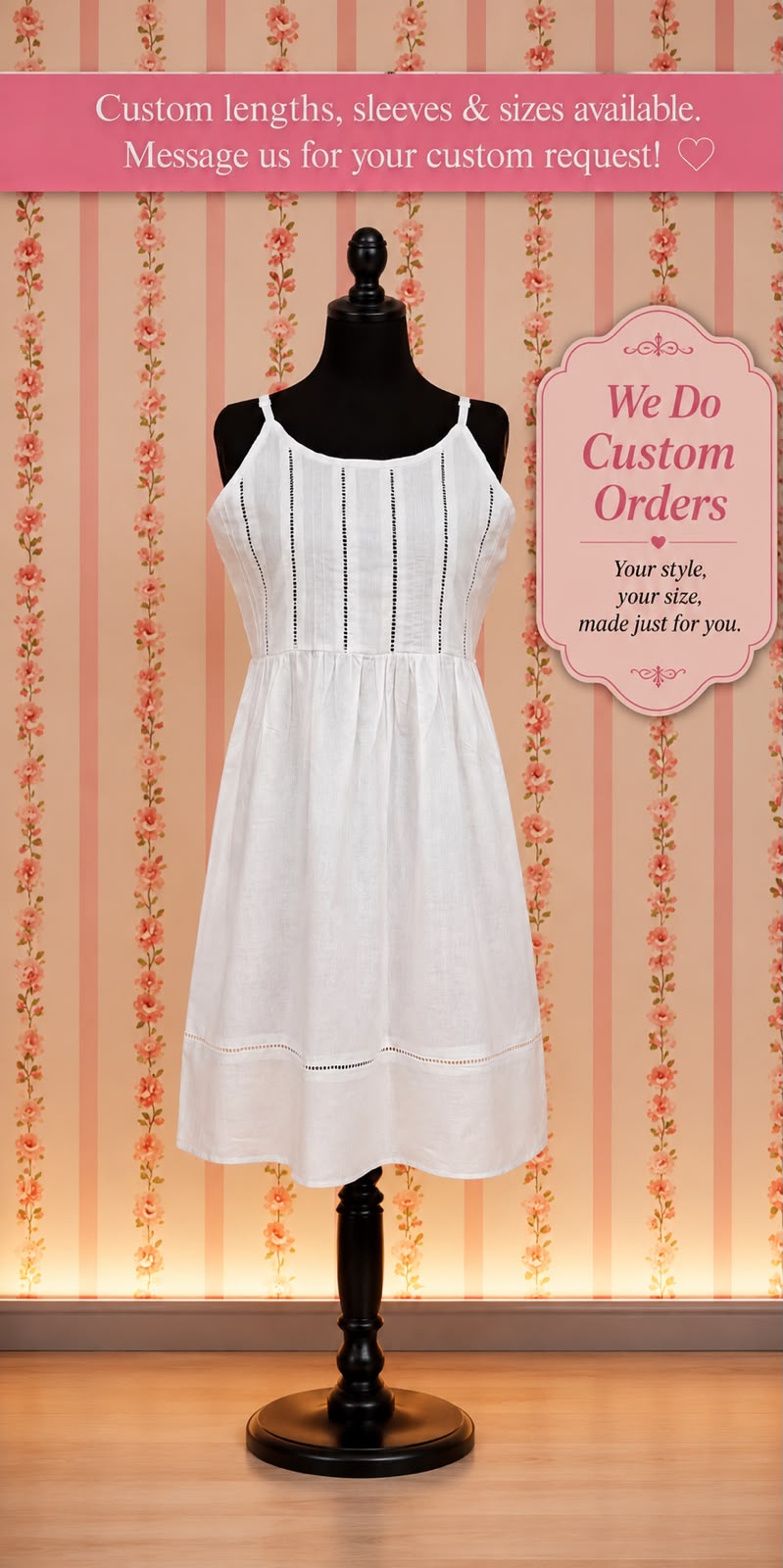 SoieRose 100% Cotton Victorian Spaghetti Strap Nightgown - Sleek Fit - White - SR1122