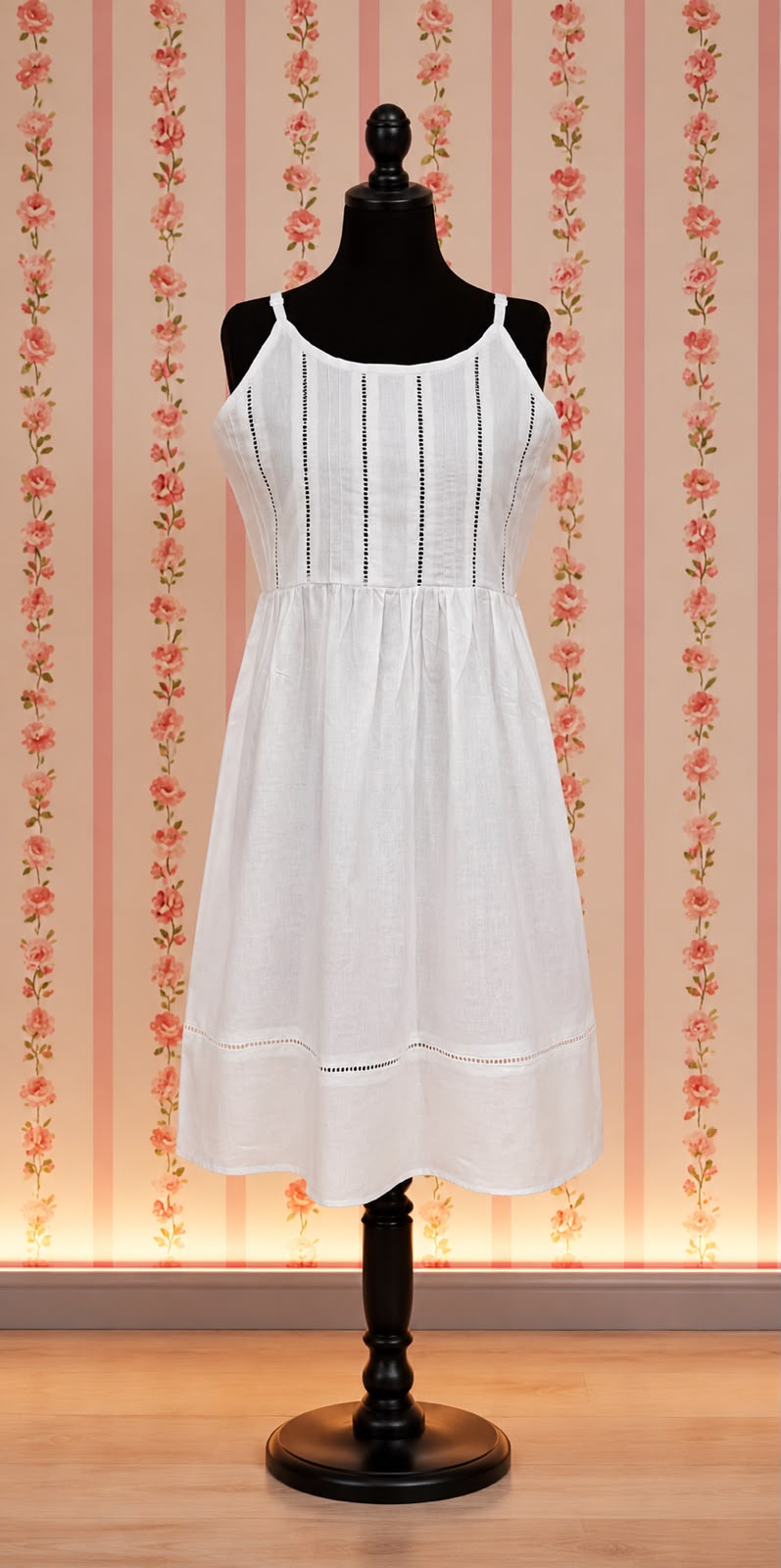 SoieRose 100% Cotton Victorian Spaghetti Strap Nightgown - Sleek Fit - White - SR1122