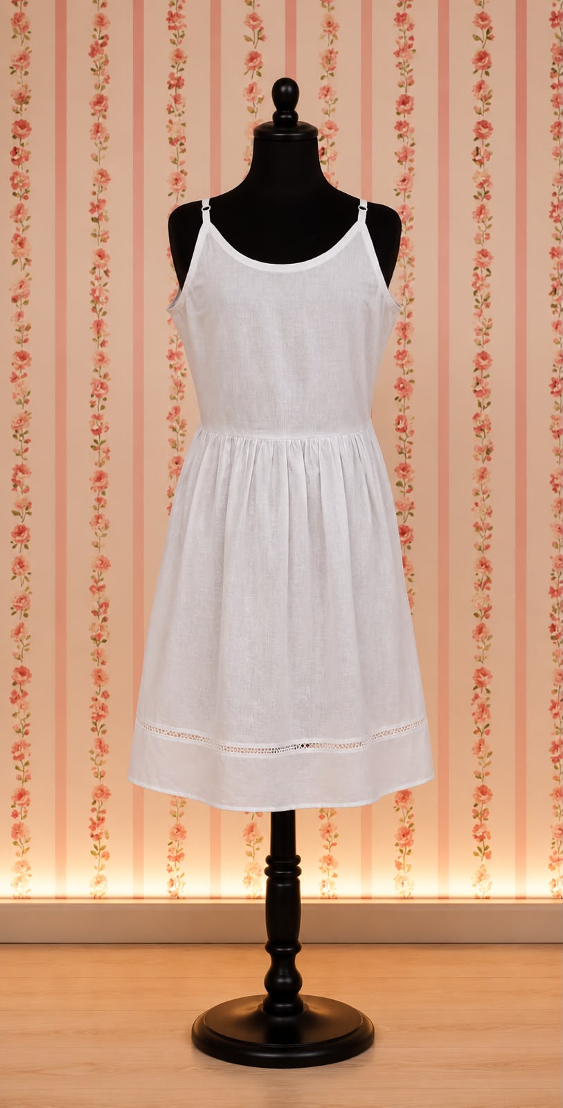 SoieRose 100% Cotton Victorian Spaghetti Strap Nightgown - Sleek Fit - White - SR1122