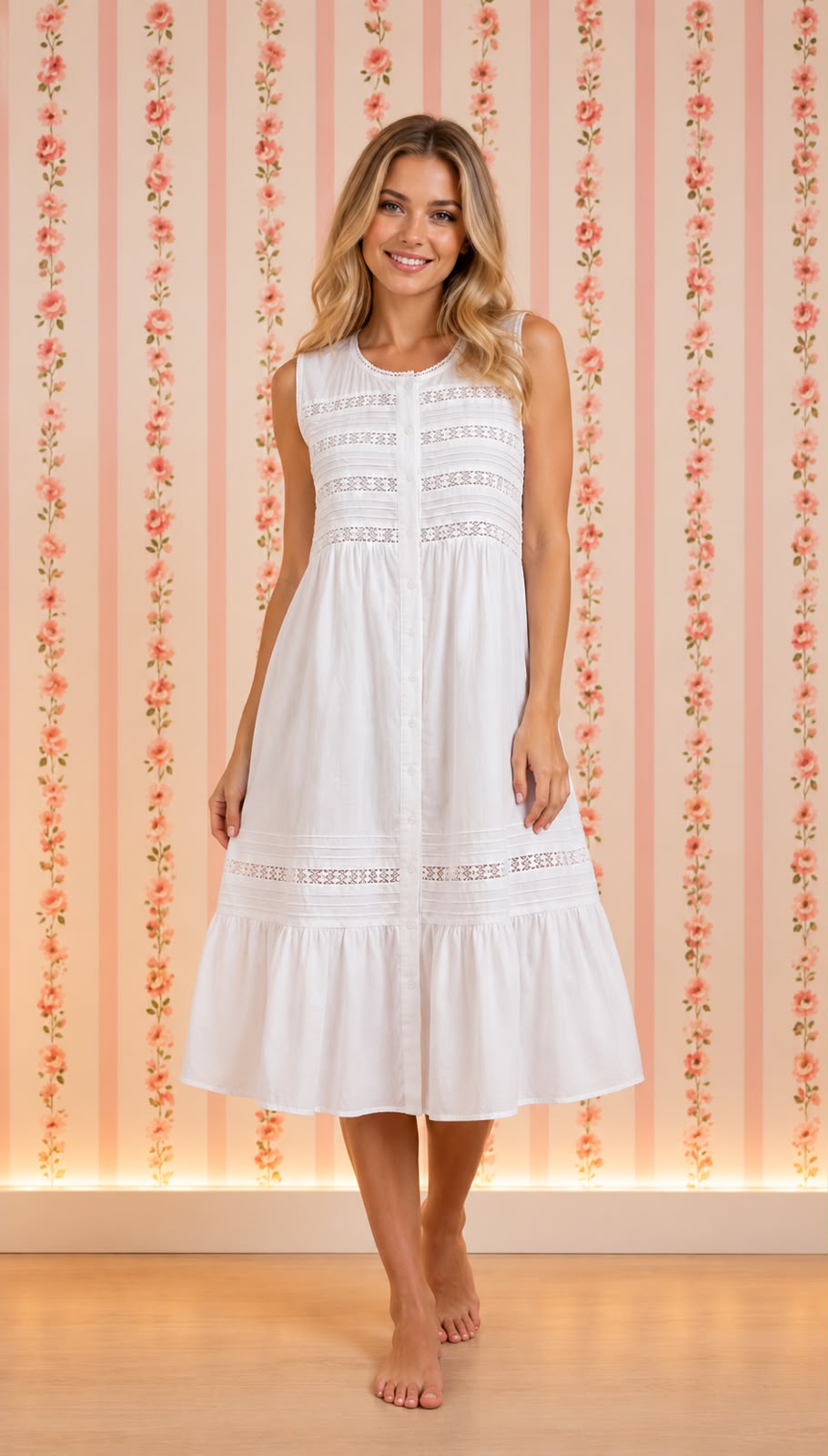 Victorian White Cotton Nightgown with Eyelet Lace & Ruffle Hem | Sleeveless | SoieRose SR1132
