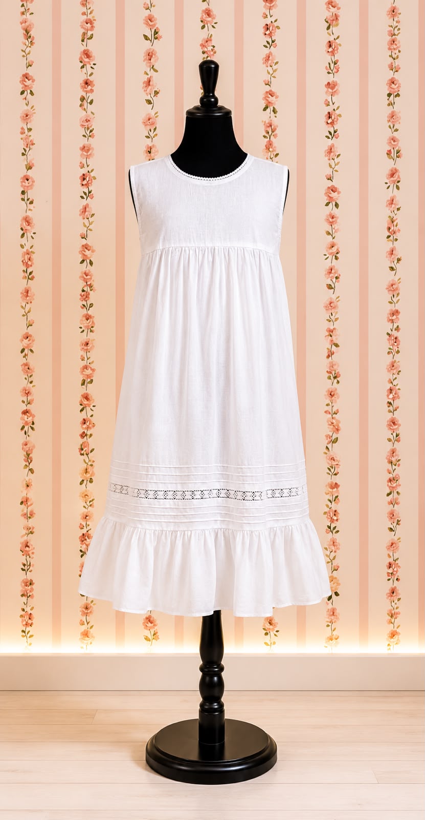 Victorian White Cotton Nightgown with Eyelet Lace & Ruffle Hem | Sleeveless | SoieRose SR1132