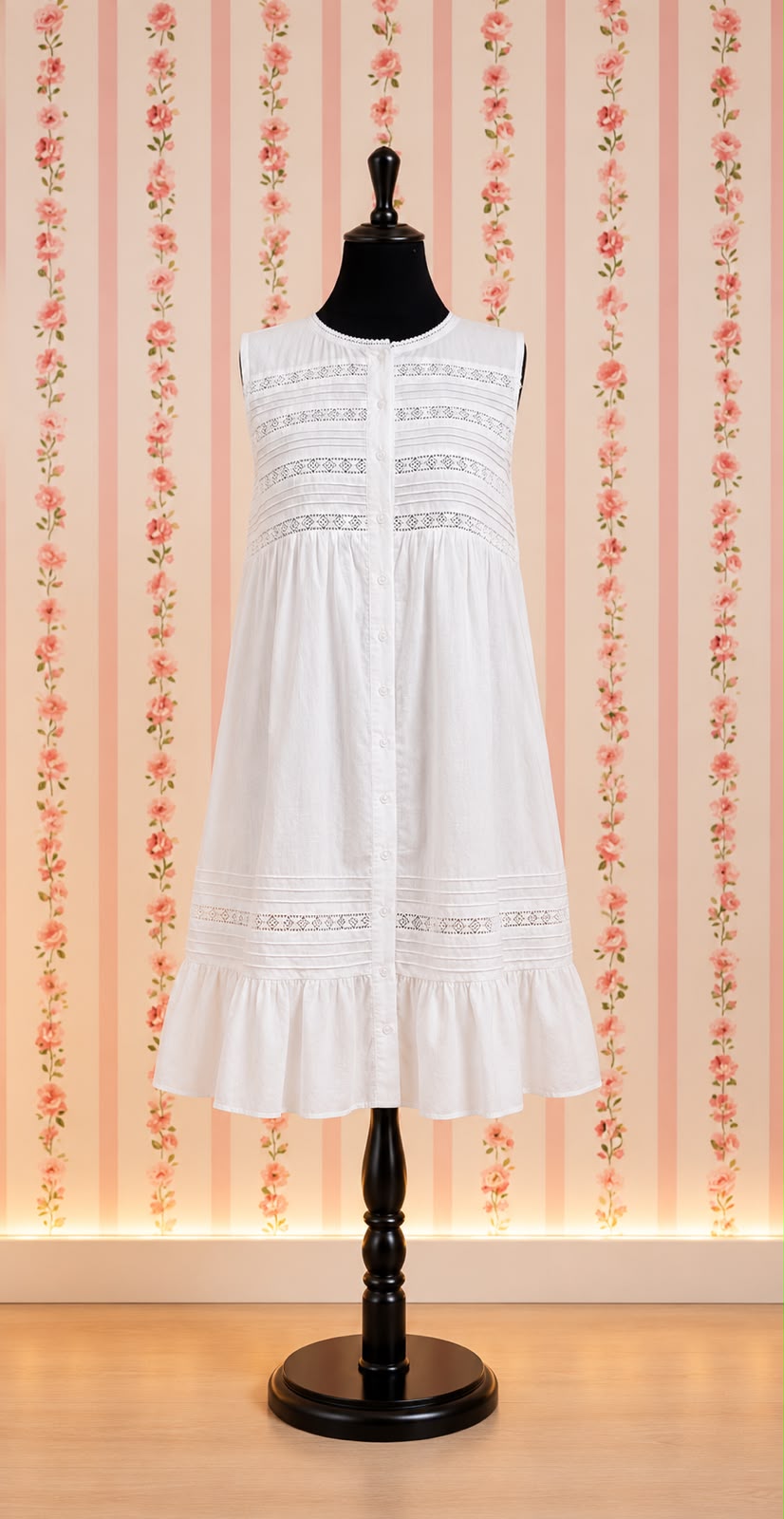 Victorian White Cotton Nightgown with Eyelet Lace & Ruffle Hem | Sleeveless | SoieRose SR1132