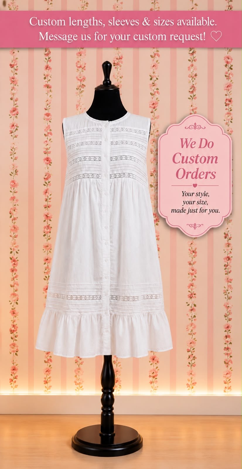 Victorian White Cotton Nightgown with Eyelet Lace & Ruffle Hem | Sleeveless | SoieRose SR1132