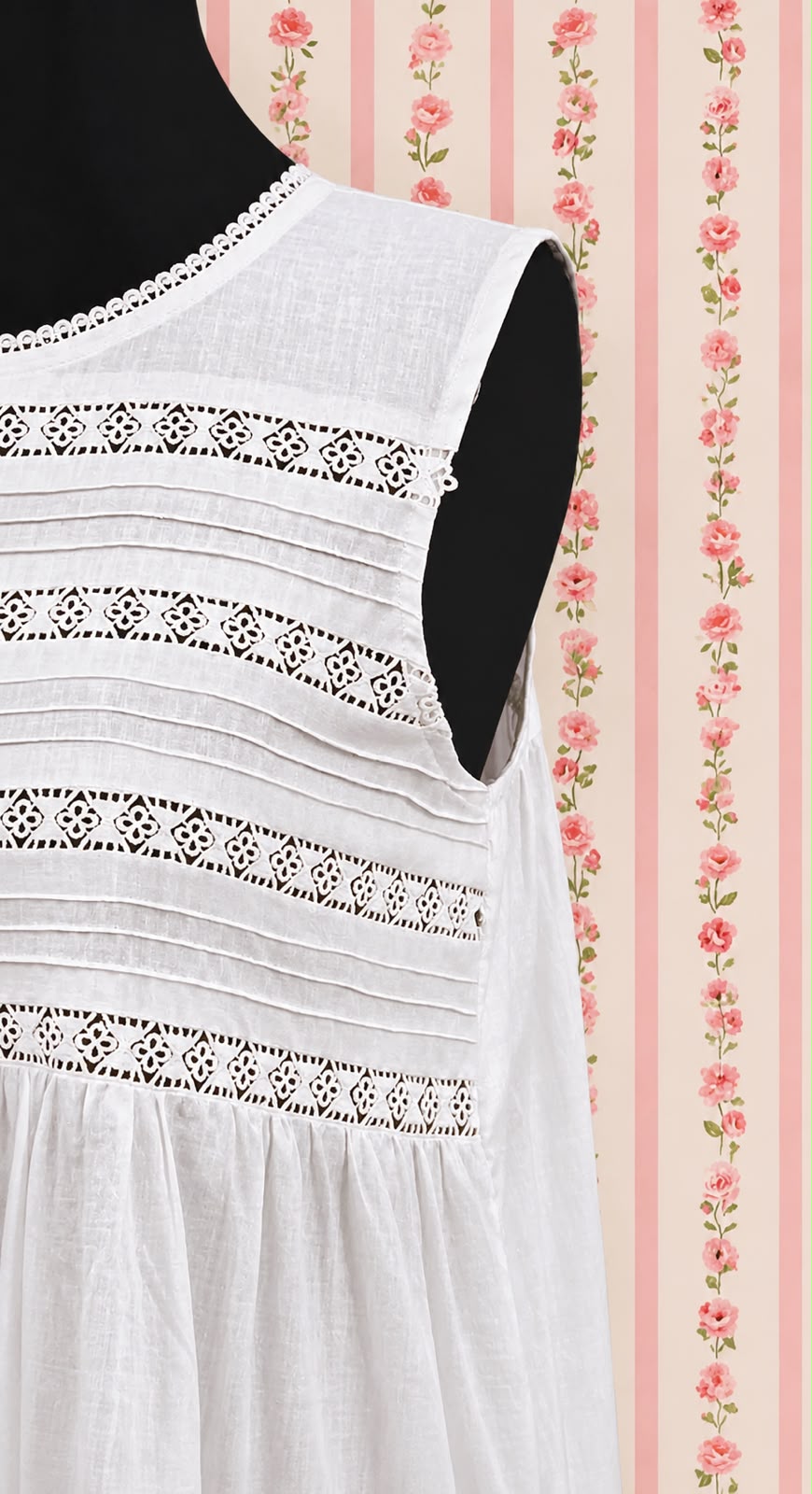 Victorian White Cotton Nightgown with Eyelet Lace & Ruffle Hem | Sleeveless | SoieRose SR1132