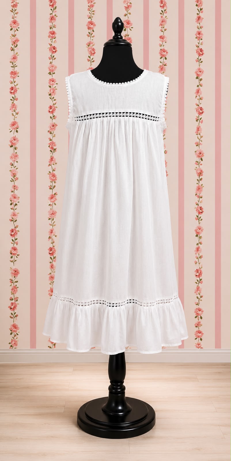 Victorian Cotton Nightgown Sleeveless Ruffle Hem Vintage Style SoieRose SR1137