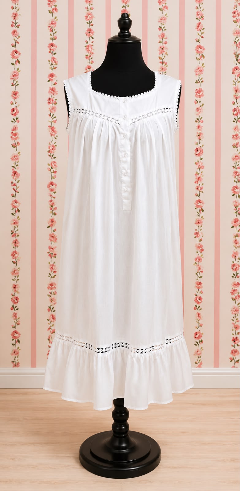 Victorian Cotton Nightgown Sleeveless Ruffle Hem Vintage Style SoieRose SR1137