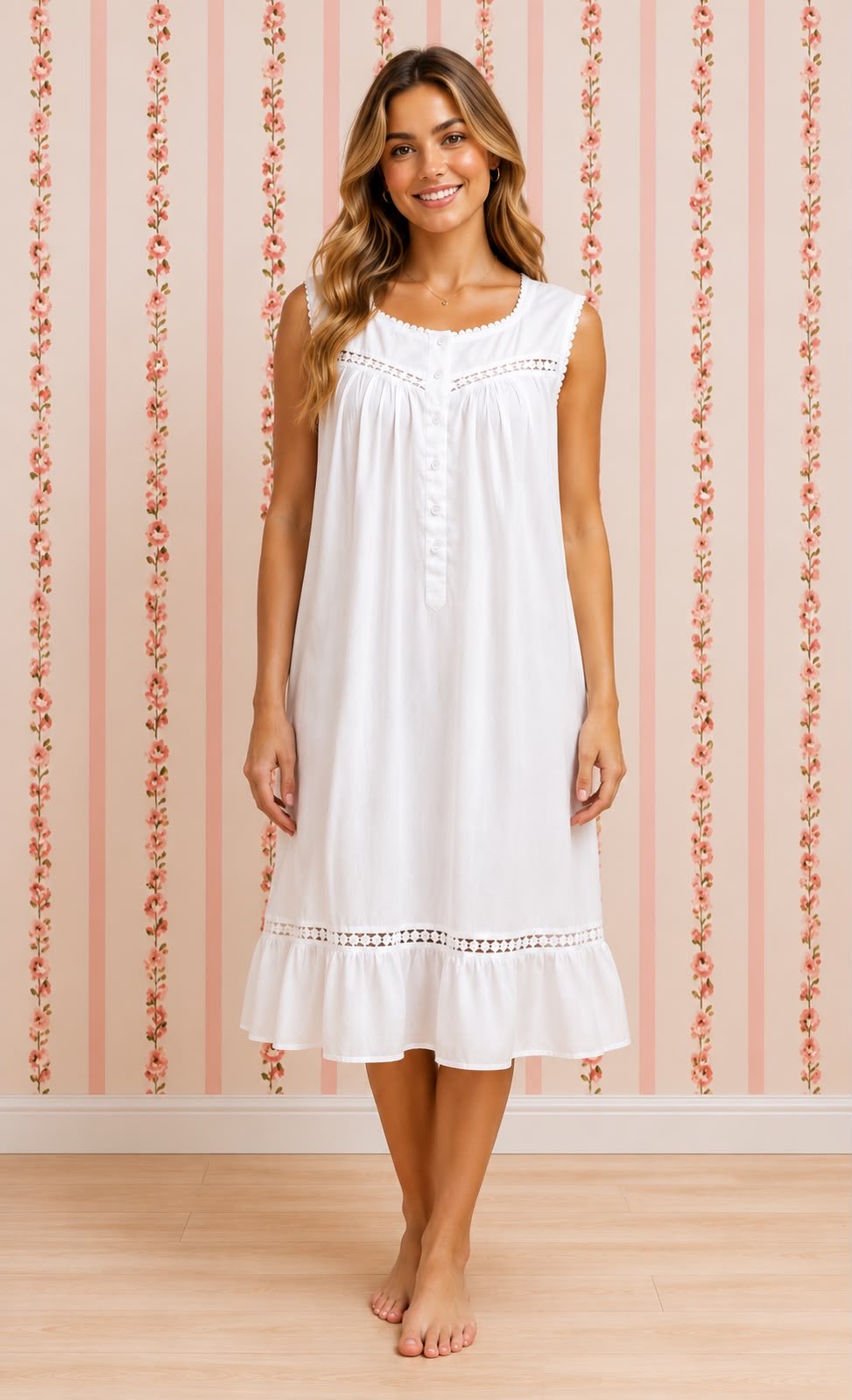Victorian Cotton Nightgown Sleeveless Ruffle Hem Vintage Style SoieRose SR1137