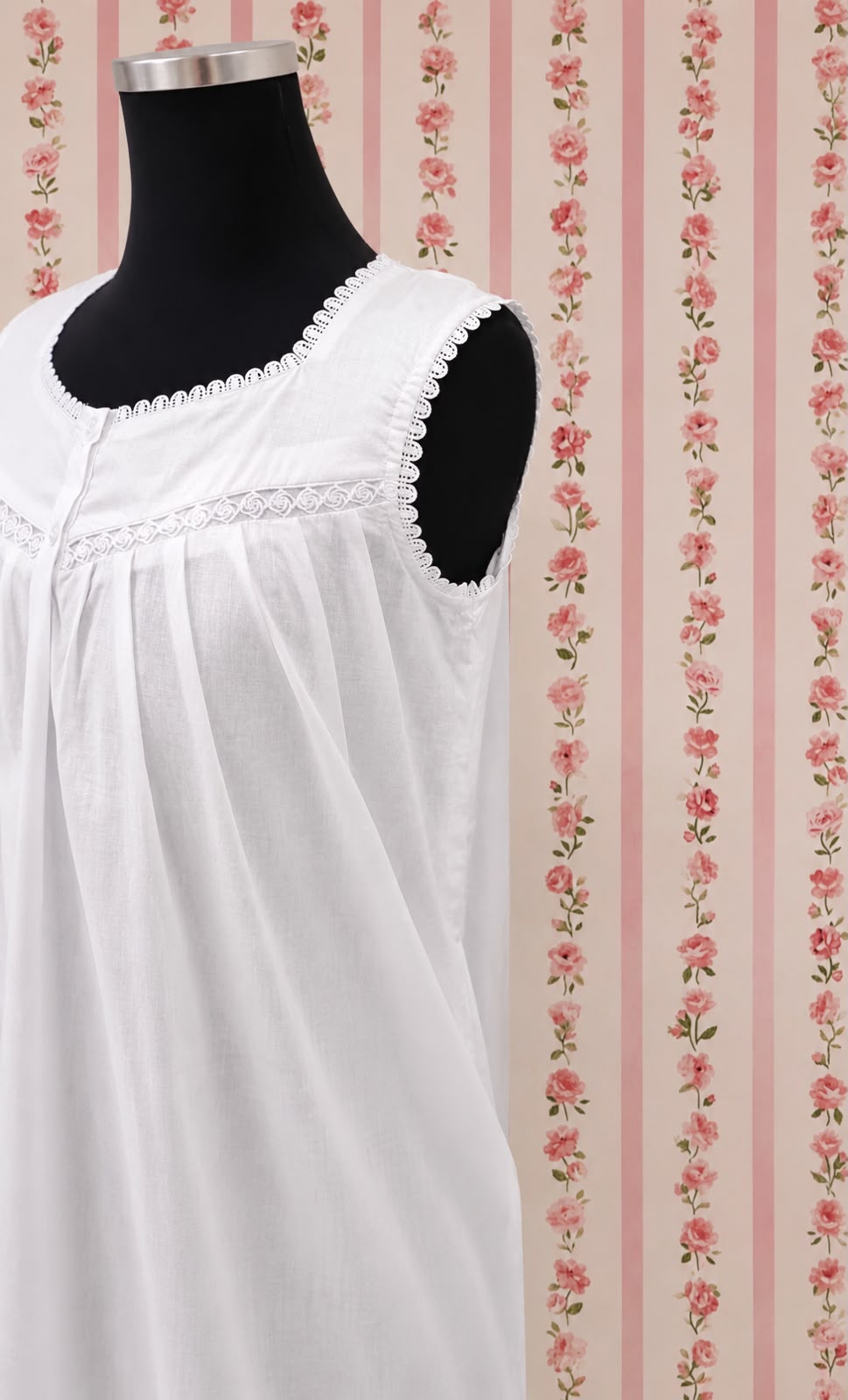 Victorian Cotton Nightgown Sleeveless Ruffle Hem Vintage Style SoieRose SR1137
