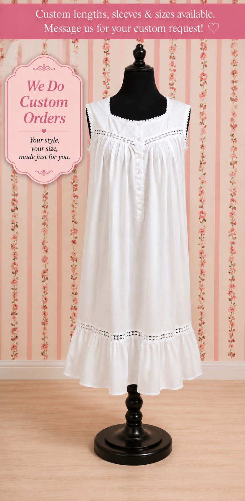 Victorian Cotton Nightgown Sleeveless Ruffle Hem Vintage Style SoieRose SR1137