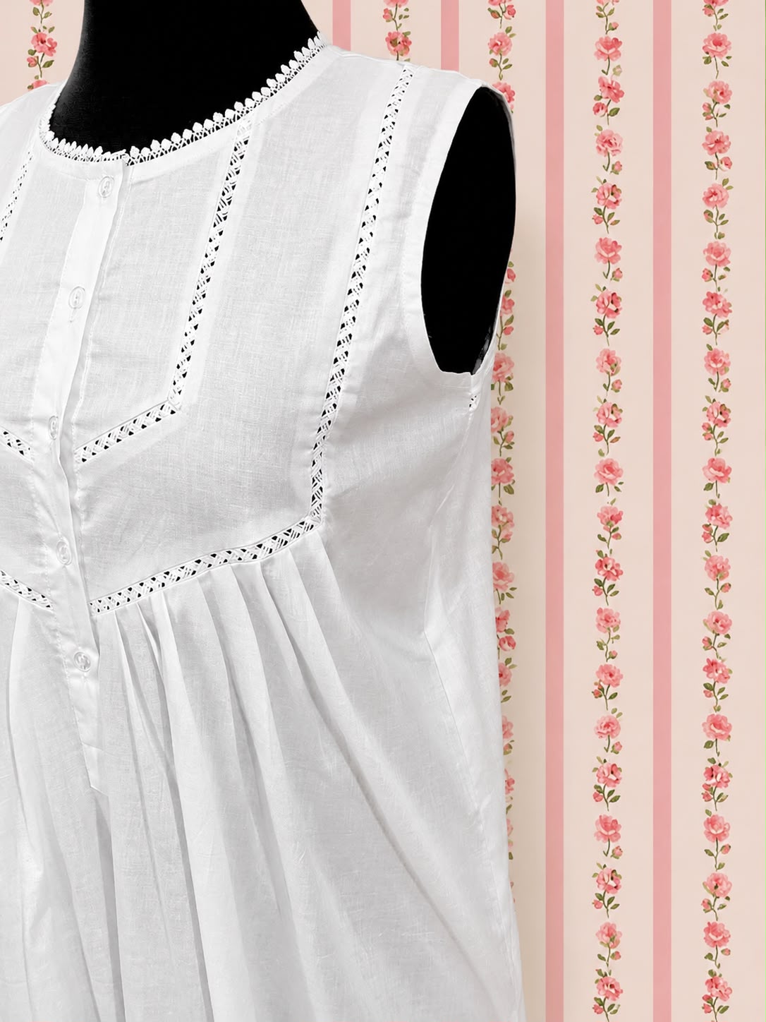 SoieRose 100% Cotton Sleeveless Eyelet Detail Victorian Cotton Nightgown - SR1142