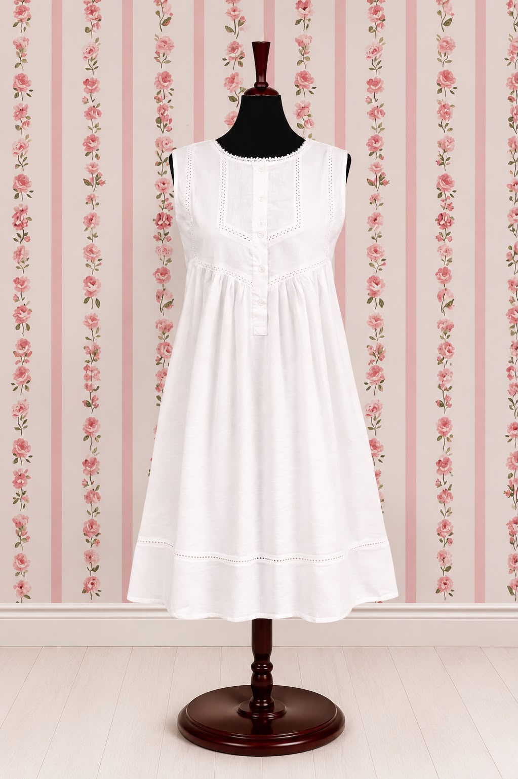 SoieRose 100% Cotton Sleeveless Eyelet Detail Victorian Cotton Nightgown - SR1142