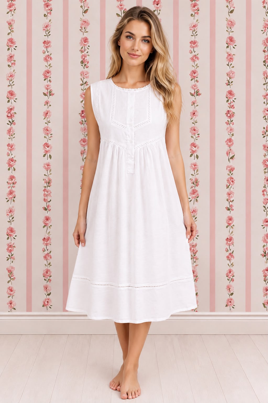 SoieRose 100% Cotton Sleeveless Eyelet Detail Victorian Cotton Nightgown - SR1142