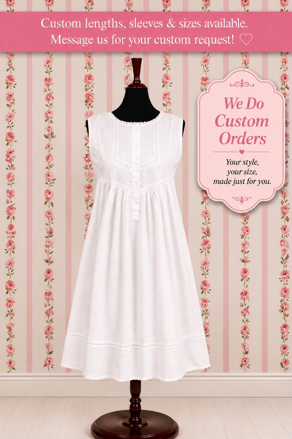 SoieRose 100% Cotton Sleeveless Eyelet Detail Victorian Cotton Nightgown - SR1142