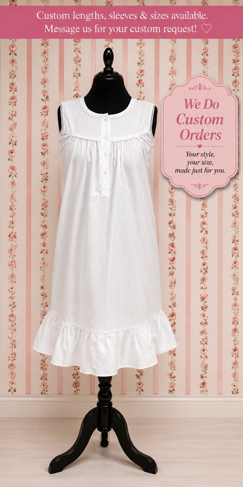 SoieRose 100% Cotton White Victorian Sleeveless Ruffle Hem Nightgown - SR-1149