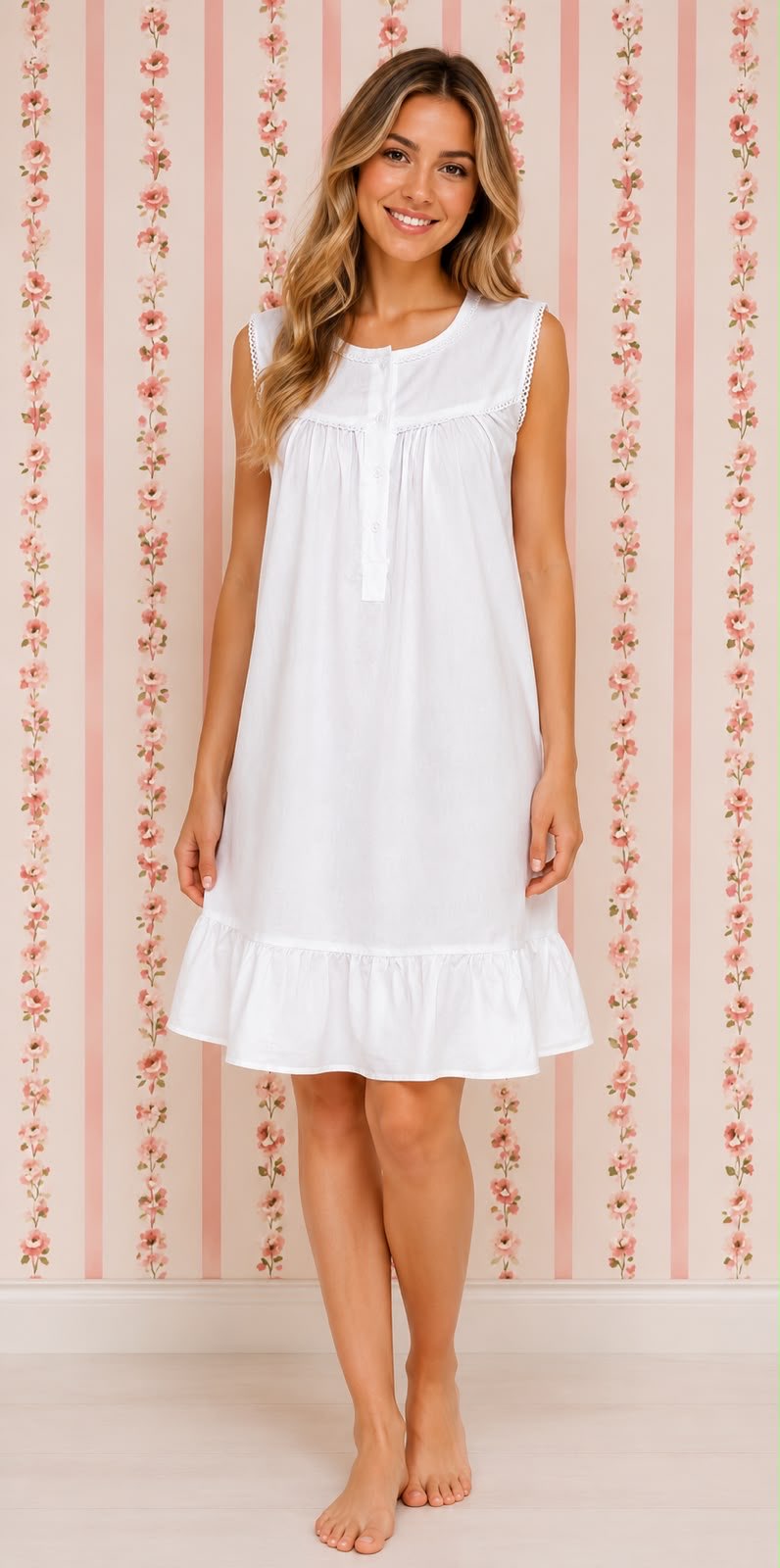 SoieRose 100% Cotton White Victorian Sleeveless Ruffle Hem Nightgown - SR-1149