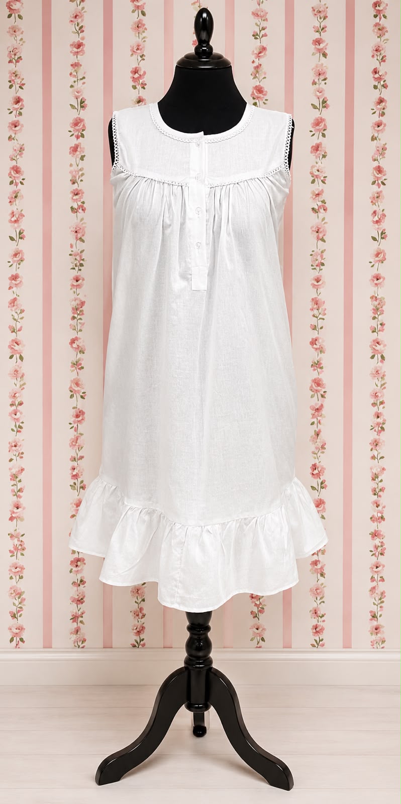 SoieRose 100% Cotton White Victorian Sleeveless Ruffle Hem Nightgown - SR-1149