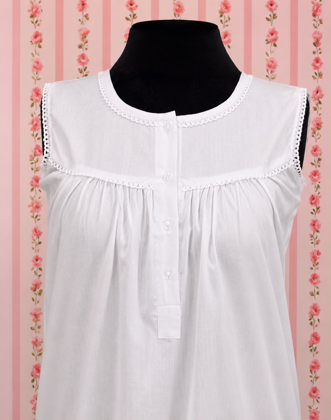 SoieRose 100% Cotton White Victorian Sleeveless Ruffle Hem Nightgown - SR-1149