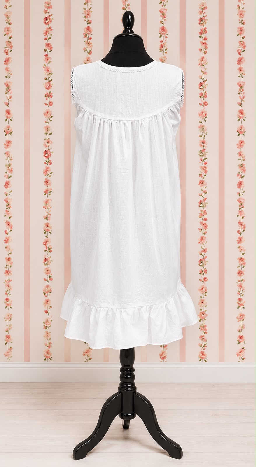 SoieRose 100% Cotton White Victorian Sleeveless Ruffle Hem Nightgown - SR-1149