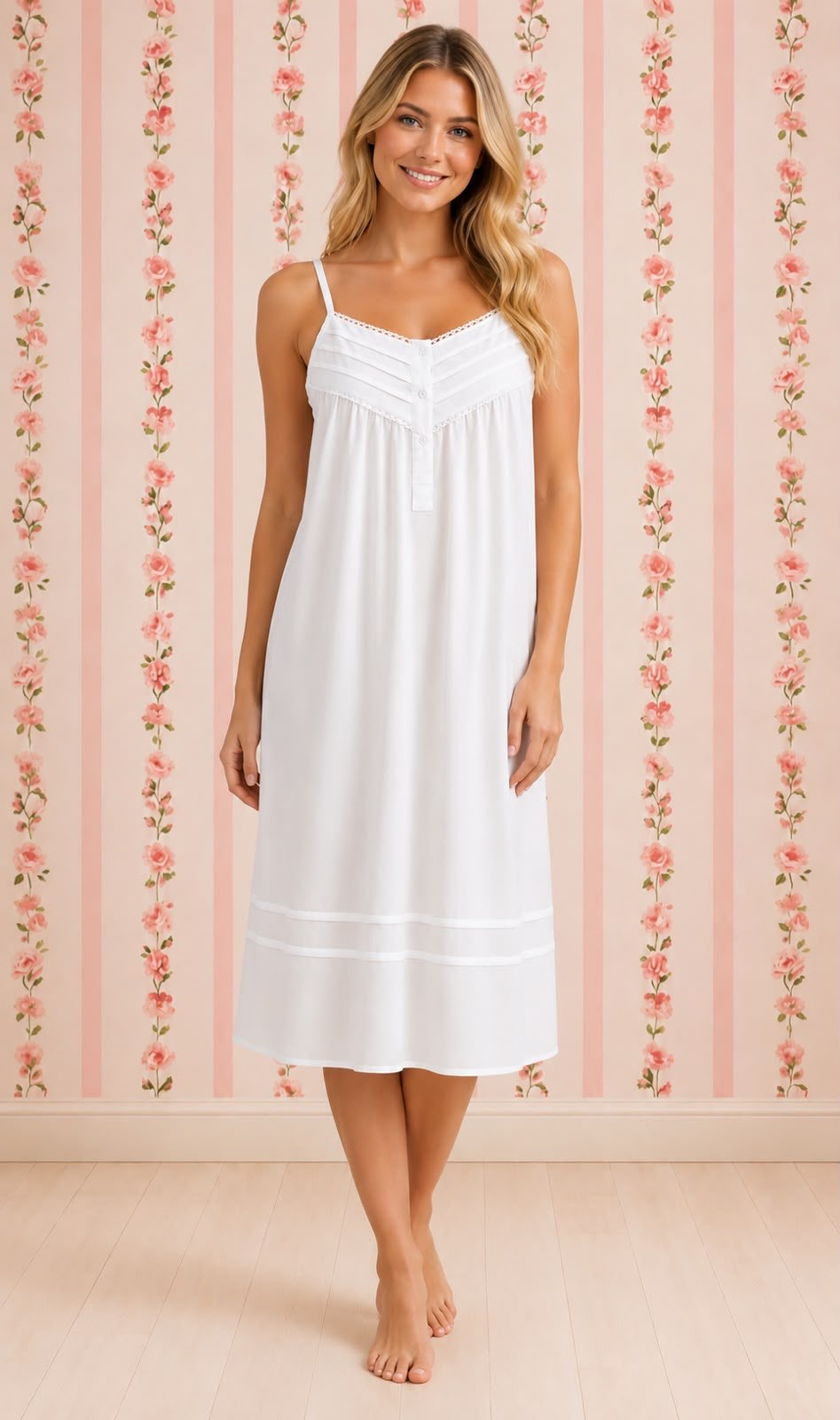 SoieRose White 100% Cotton Sleeveless Nightgown with Lace Trim Detailing-SR1154