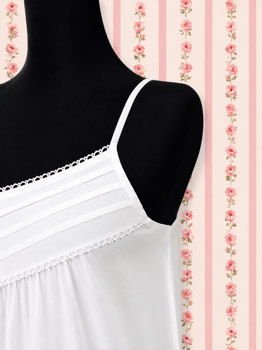 SoieRose White 100% Cotton Sleeveless Nightgown with Lace Trim Detailing-SR1154