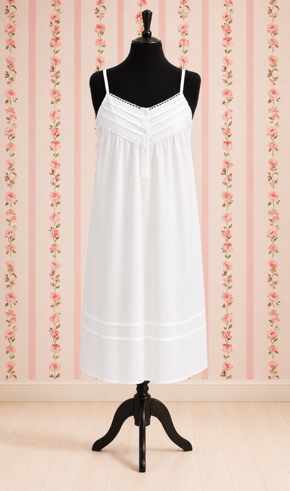 SoieRose White 100% Cotton Sleeveless Nightgown with Lace Trim Detailing-SR1154