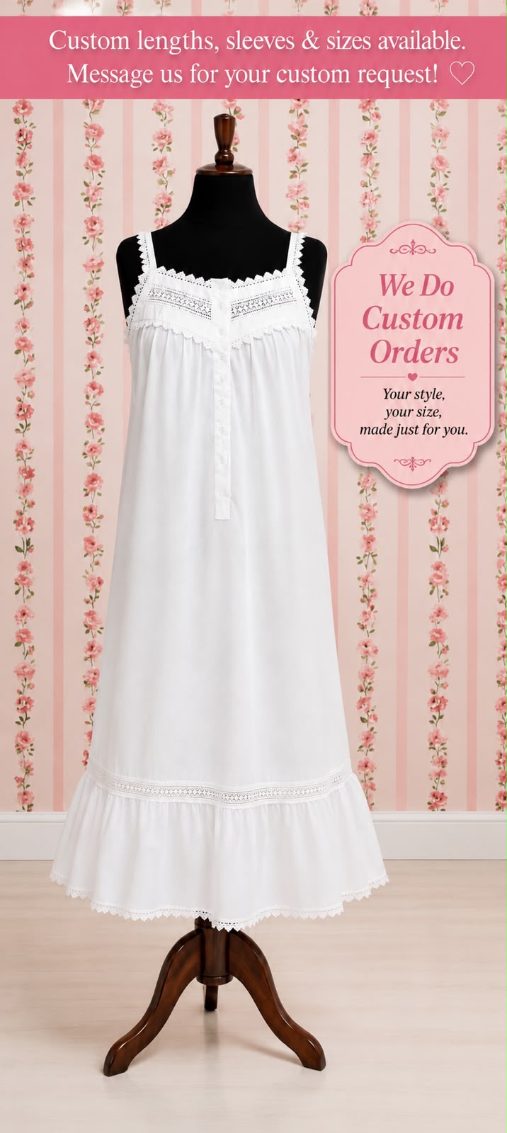 SoieRose Victorian Lace-Trimmed 100% Cotton Nightgown Sleeveless Elegance - SR-1155