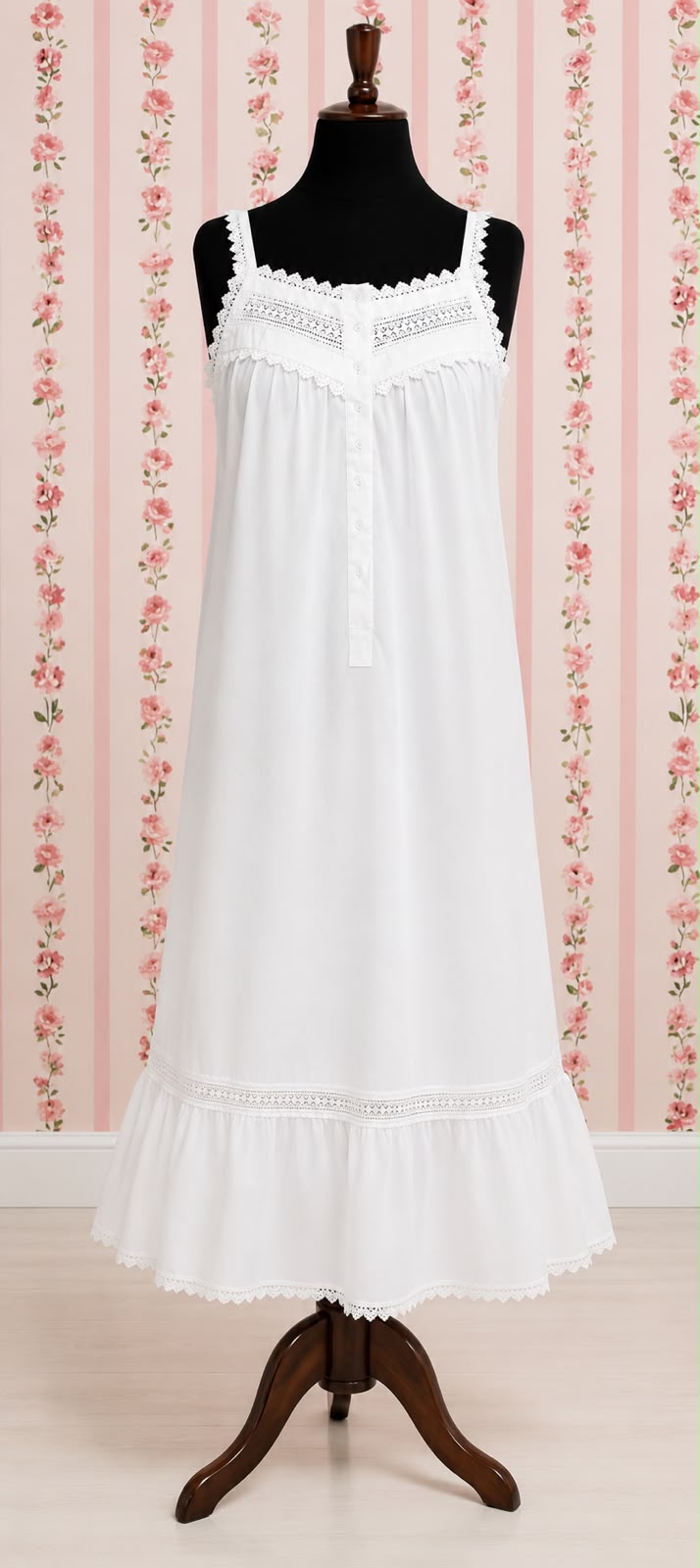 SoieRose Victorian Lace-Trimmed 100% Cotton Nightgown Sleeveless Elegance - SR-1155