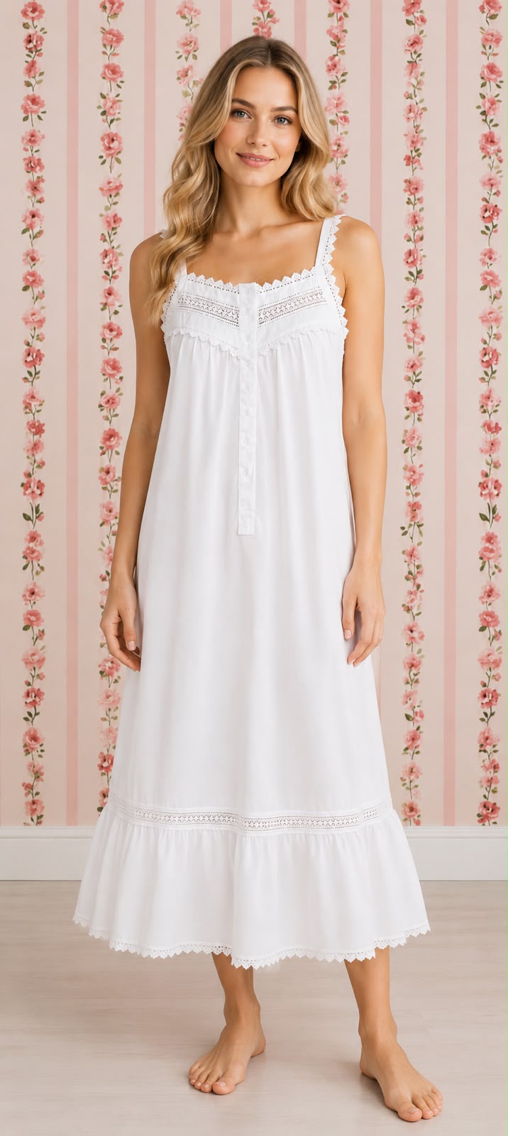 SoieRose Victorian Lace-Trimmed 100% Cotton Nightgown Sleeveless Elegance - SR-1155
