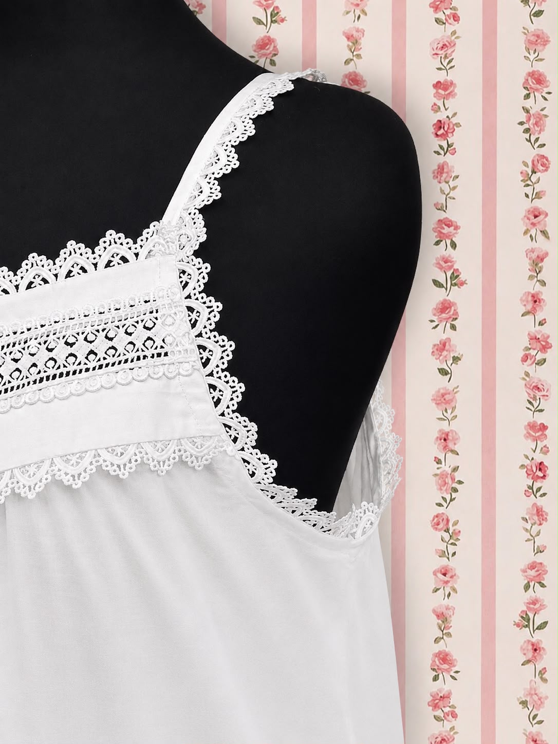 SoieRose Victorian Lace-Trimmed 100% Cotton Nightgown Sleeveless Elegance - SR-1155