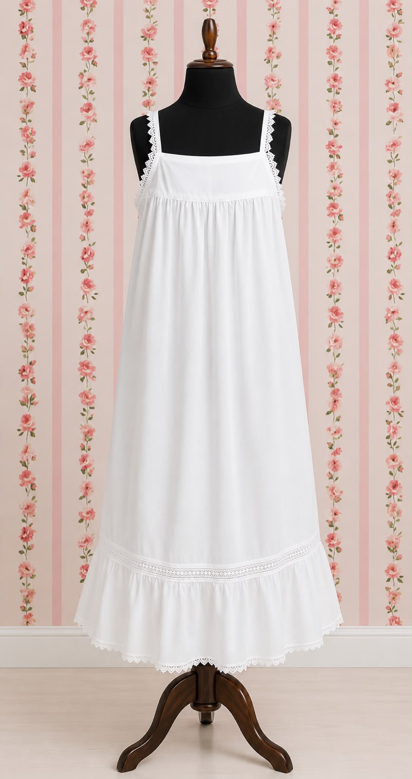 SoieRose Victorian Lace-Trimmed 100% Cotton Nightgown Sleeveless Elegance - SR-1155