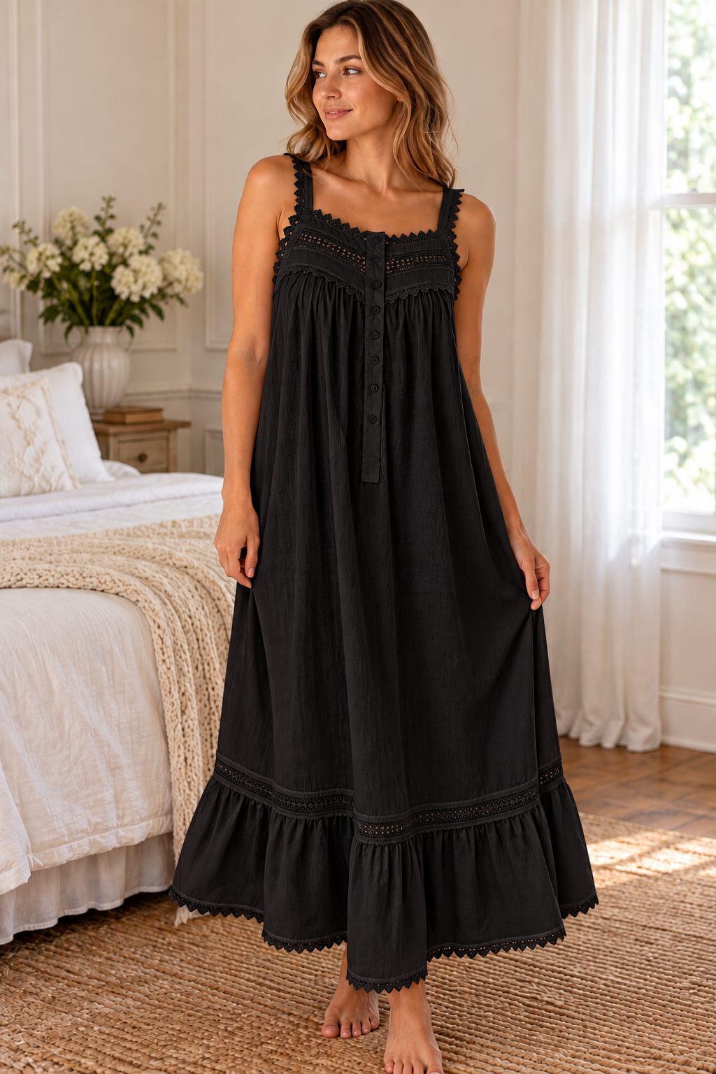 SoieRose Victorian Lace-Trimmed 100% Cotton Nightgown Sleeveless Elegance - SR-1155
