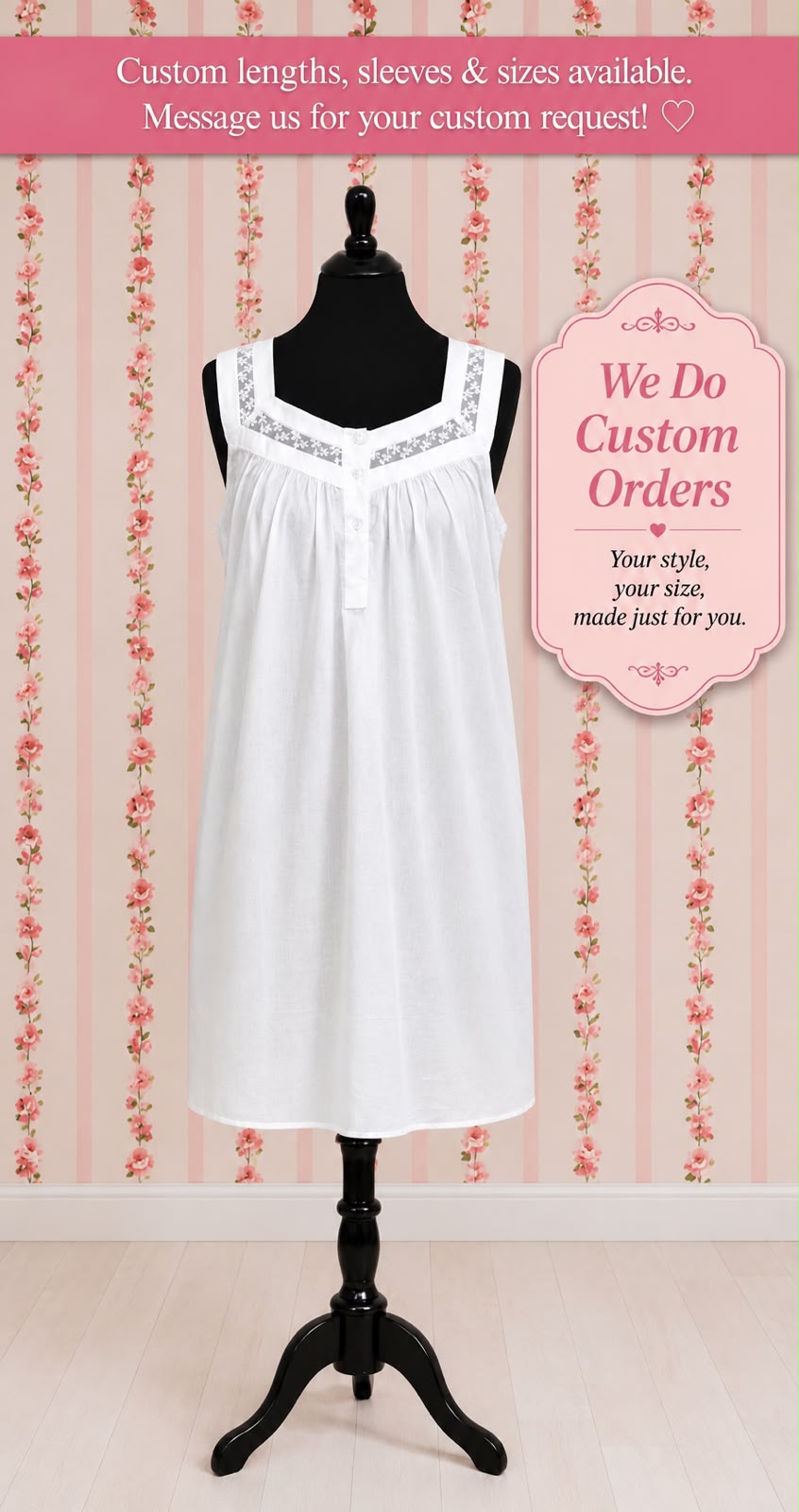 SoieRose Victorian 100% Cotton Sleeveless Nightgown with Sheer Lace Yoke - SR1156