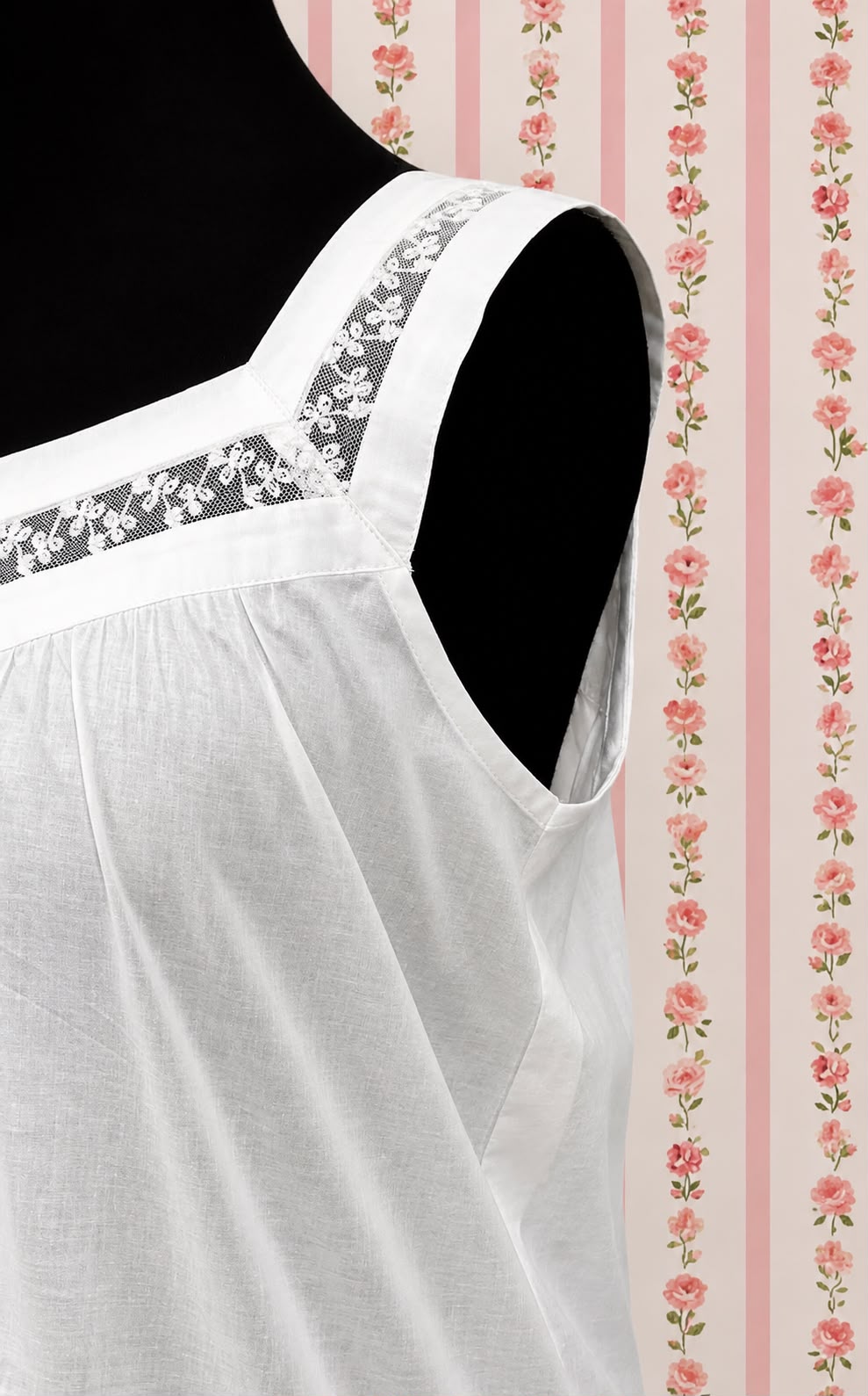 SoieRose Victorian 100% Cotton Sleeveless Nightgown with Sheer Lace Yoke - SR1156