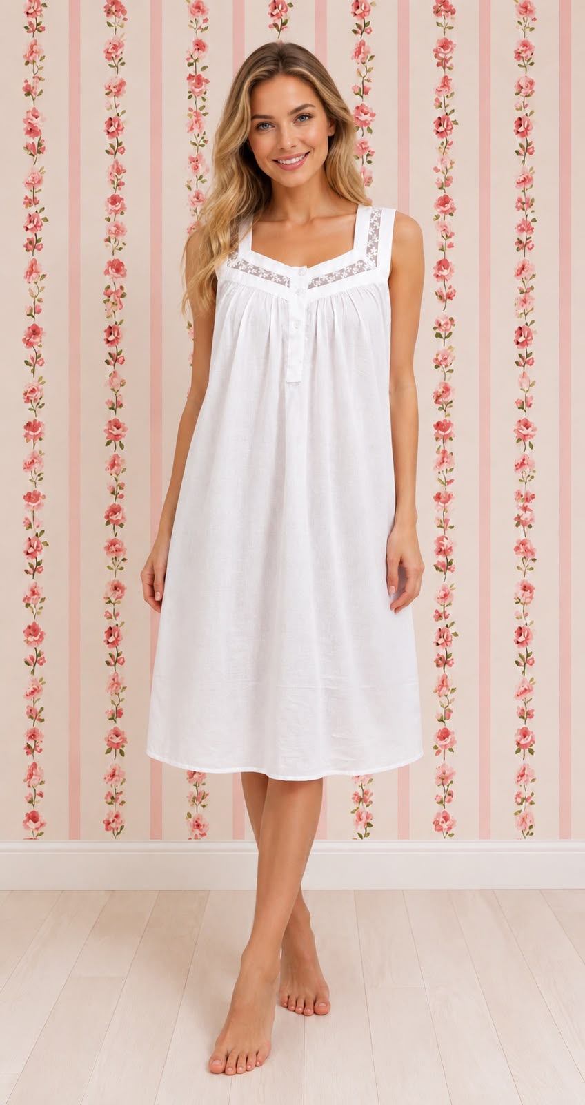 SoieRose Victorian 100% Cotton Sleeveless Nightgown with Sheer Lace Yoke - SR1156