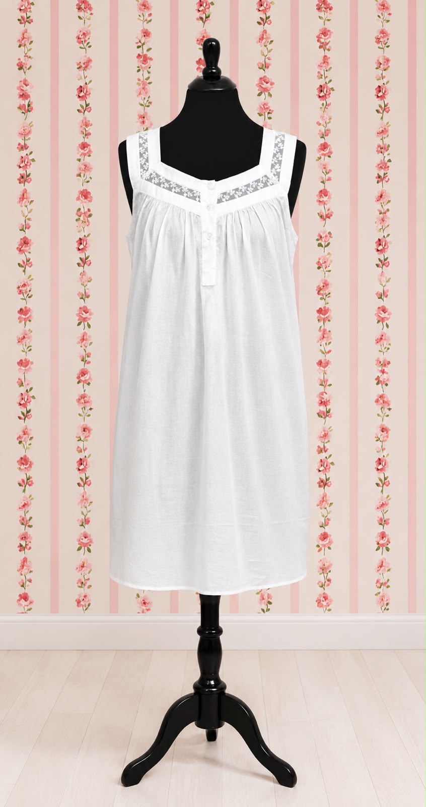 SoieRose Victorian 100% Cotton Sleeveless Nightgown with Sheer Lace Yoke - SR1156