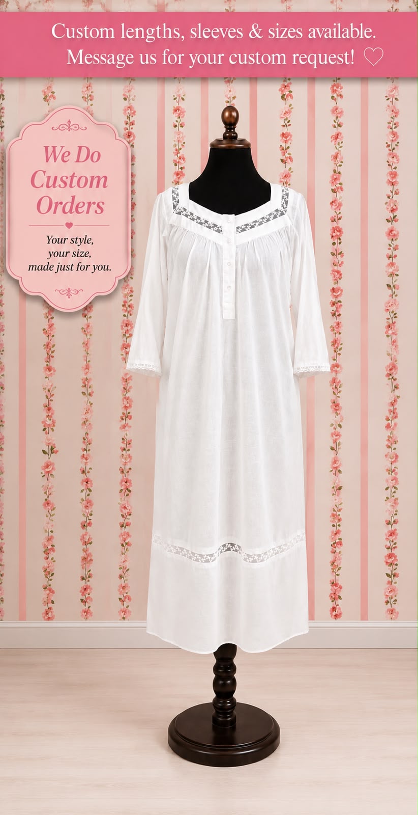 SoieRose Lace Yoke Long Sleeve Victorian 100% Cotton NightgownSR-1157