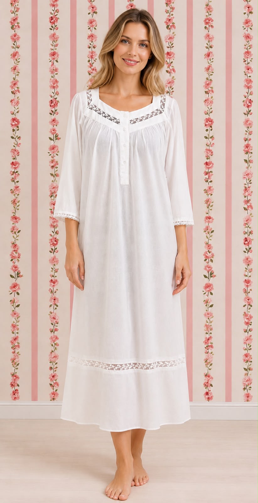 SoieRose Lace Yoke Long Sleeve Victorian 100% Cotton NightgownSR-1157