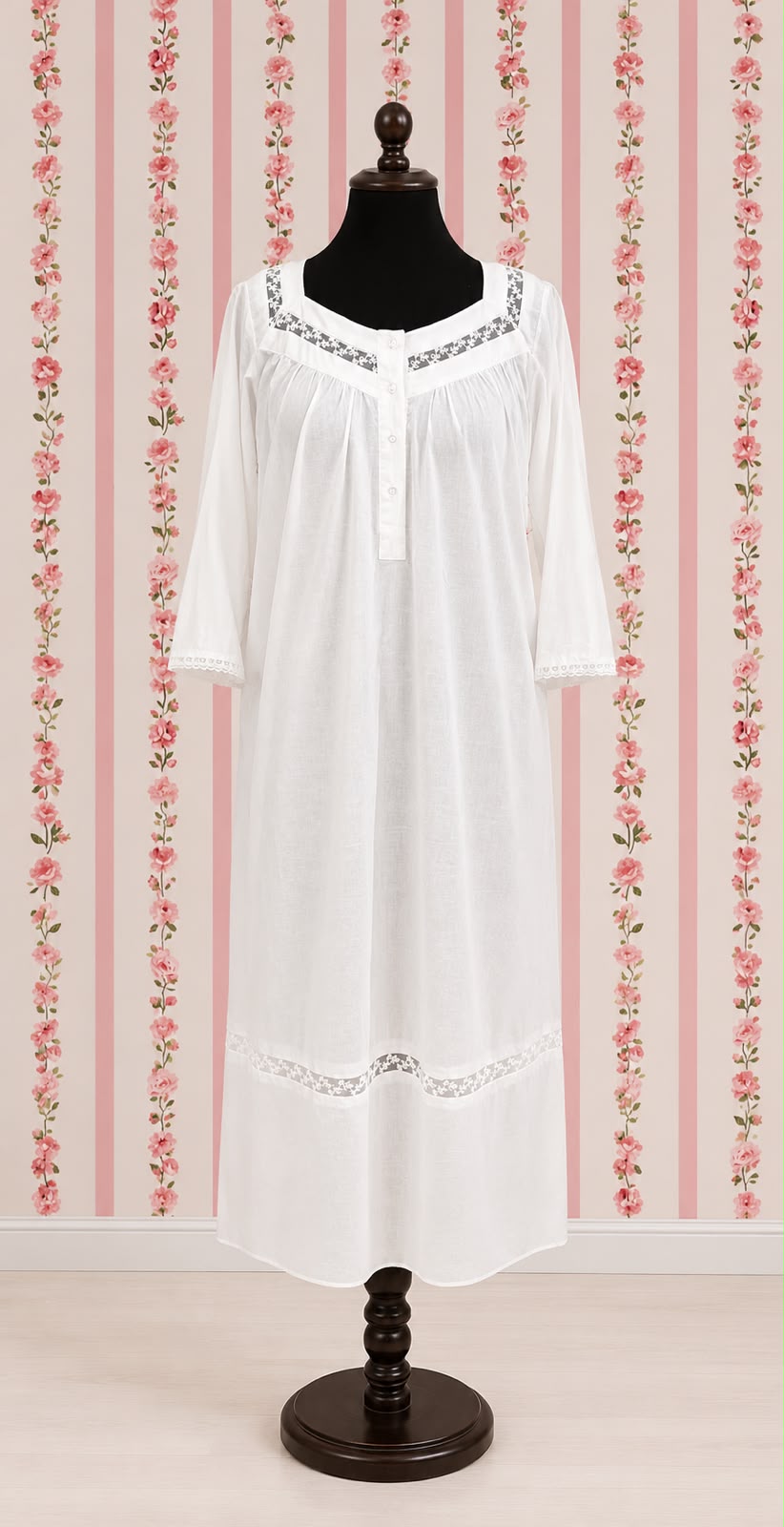SoieRose Lace Yoke Long Sleeve Victorian 100% Cotton NightgownSR-1157