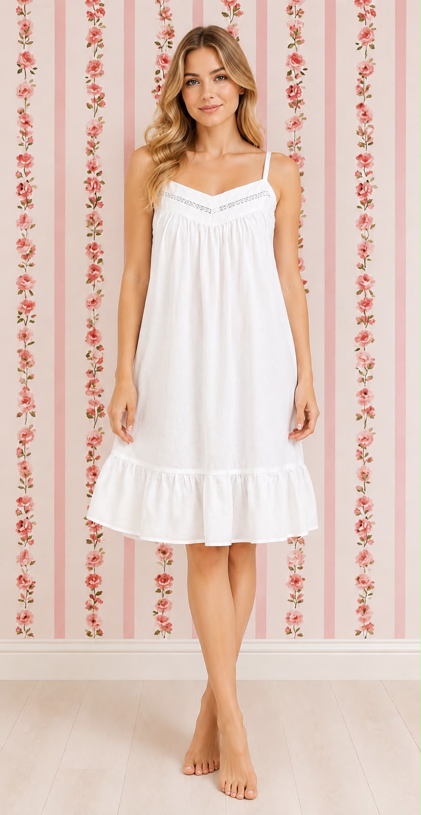 SoieRose Ruffled Hem V-Nick Victorian 100% Cotton Nightgown – SR-1158