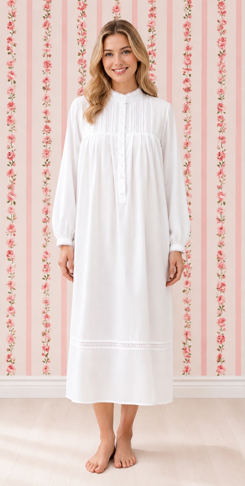 SoieRose SR-1160 Victorian 100% Cotton long Sleeve Lace Inset Nightgown