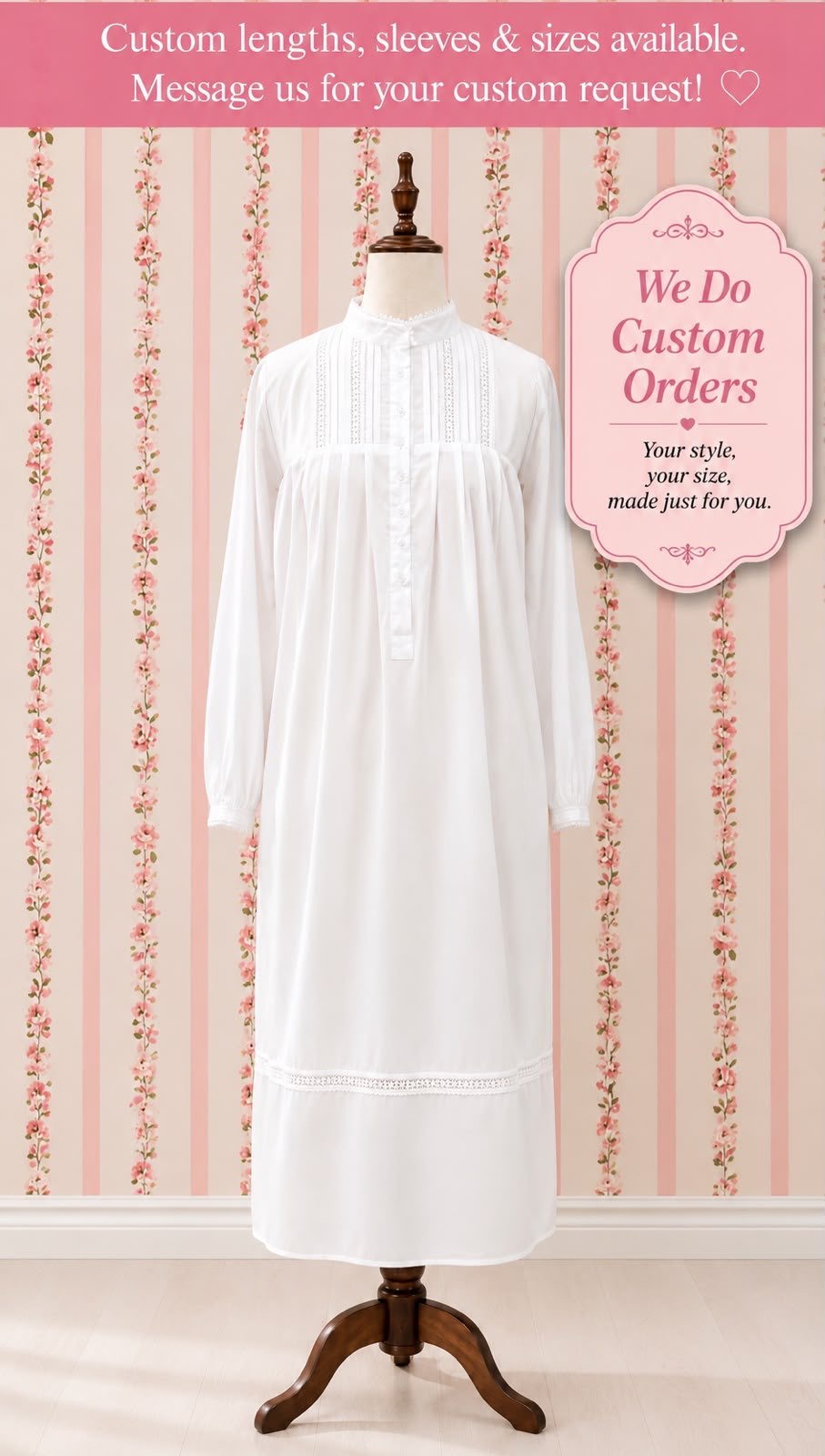 SoieRose SR-1160 Victorian 100% Cotton long Sleeve Lace Inset Nightgown